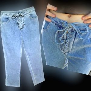 Vtg 90s Y2K Newport News jeanology acid wash lace up corset boho flared jeans 8